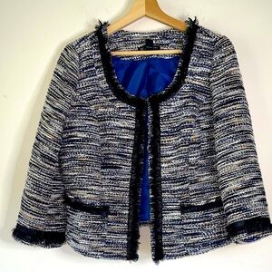 INC Jacket Blazer Black White Blue Sparkle with Black Fringe Size